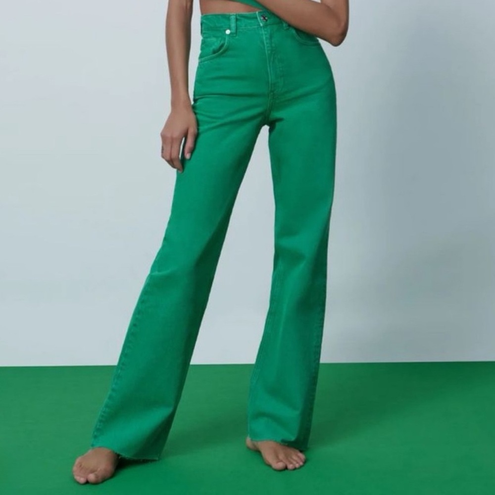 Zara Straight Leg High Rise Green Denim